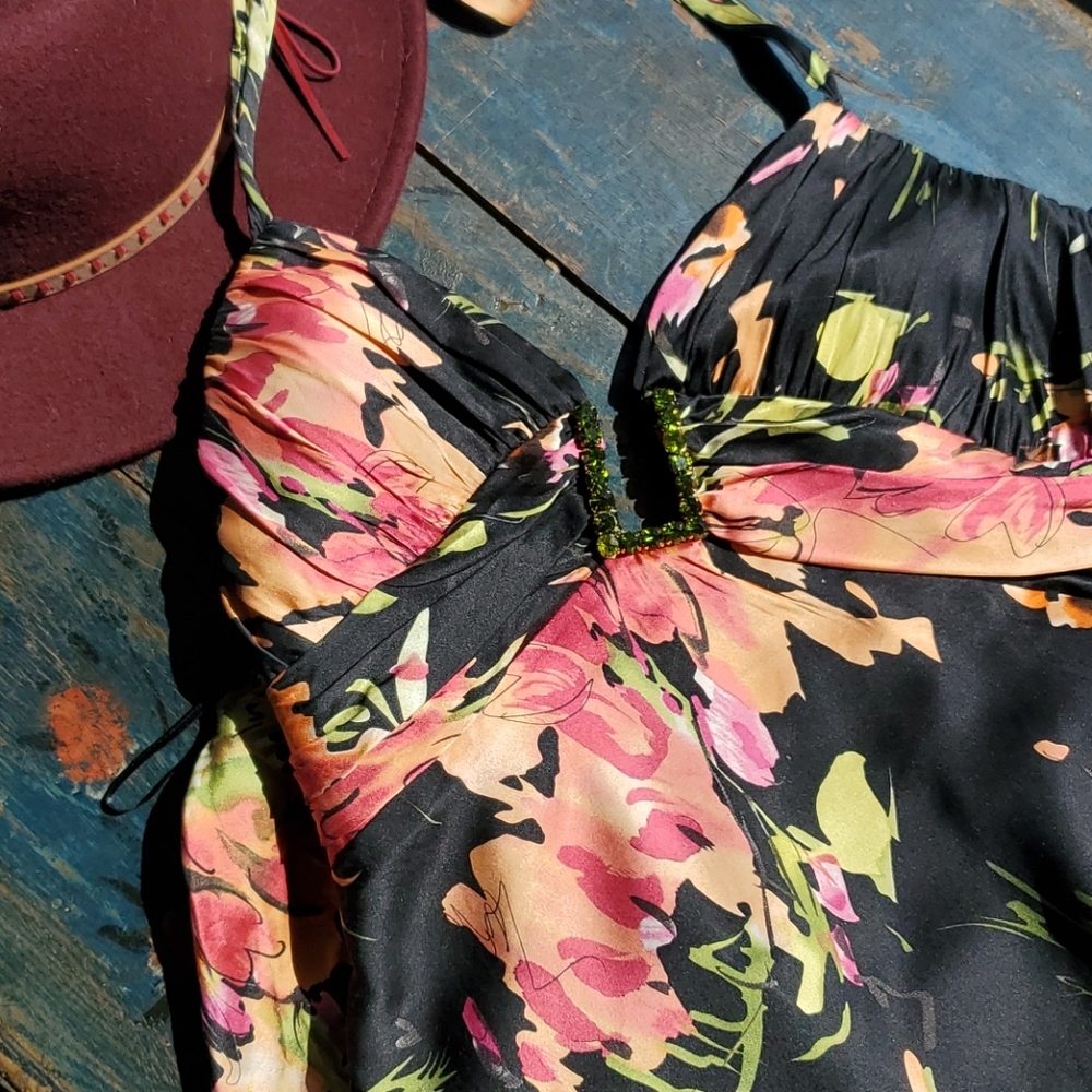 Cache Silk Floral Studded Halter Dress
